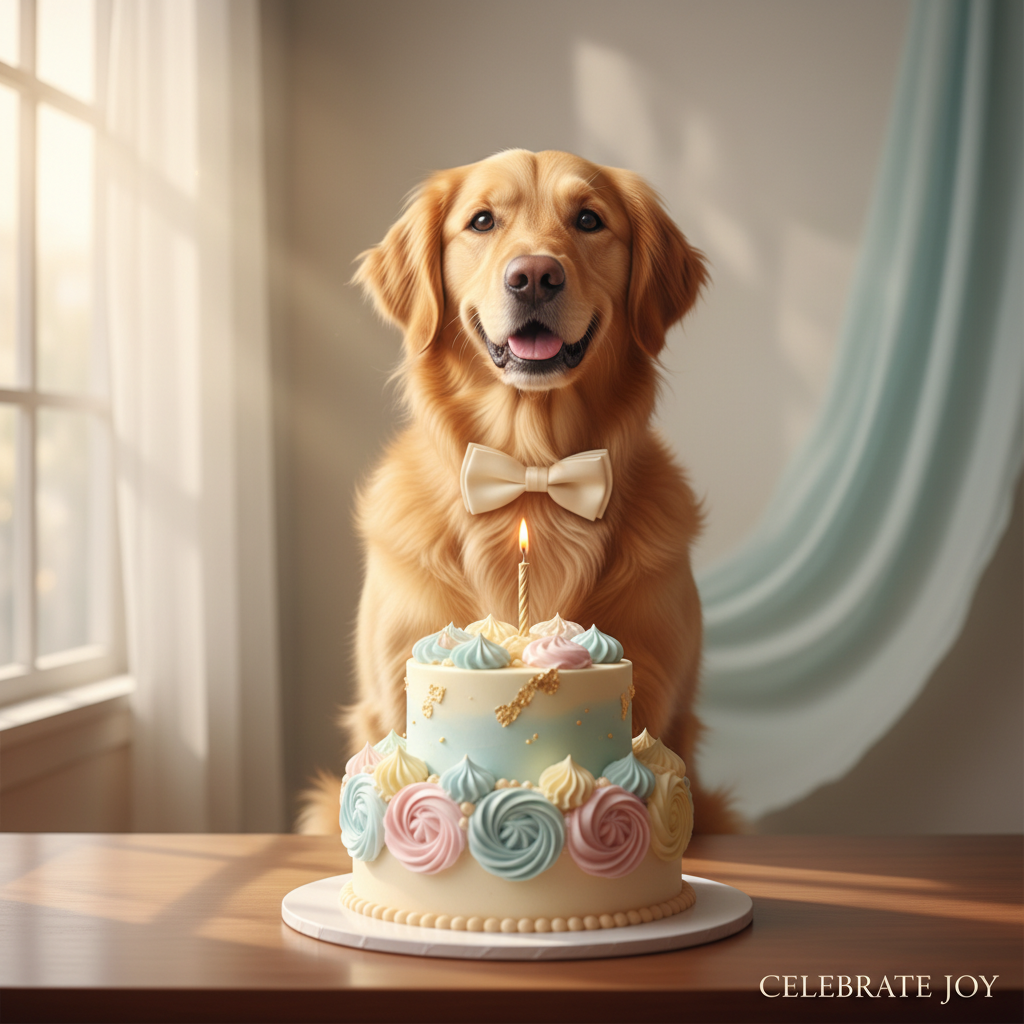 생일 케이크 앞에 앉아 있는 골든 리트리버의 고화질 사진. 케이크에는 촛불 하나가 켜져 있고 배경은 부드러운 파스텔 톤이며 자연광이 비치는 전문적인 이미지.