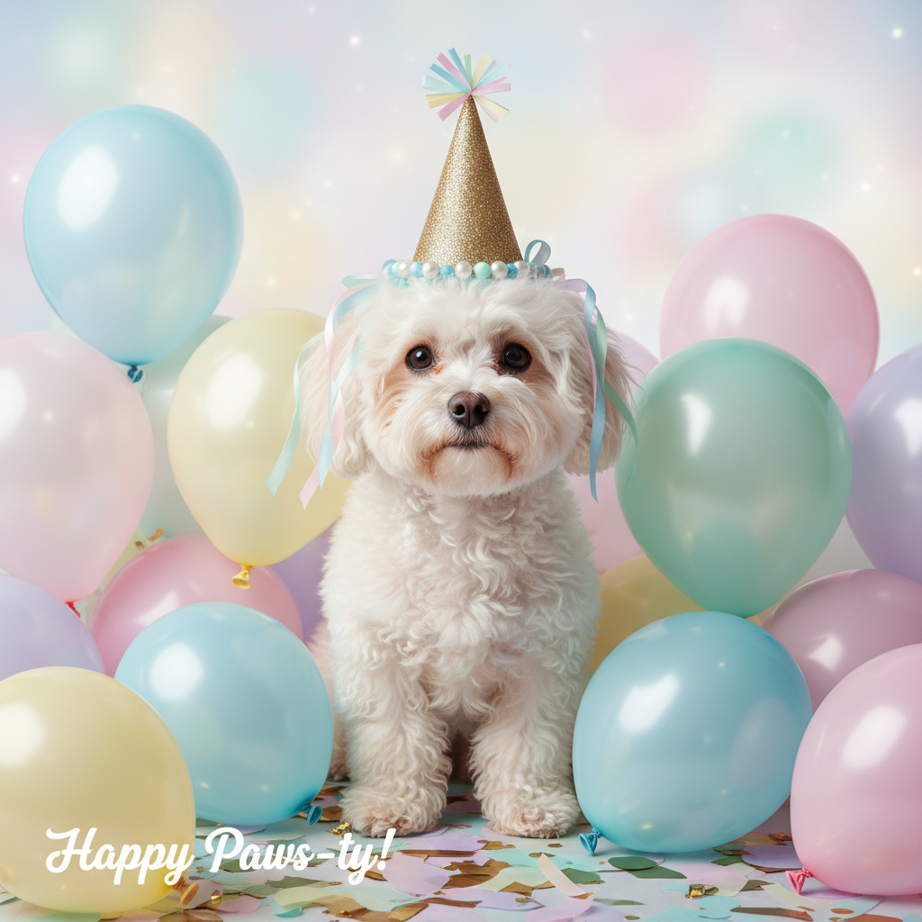 화려한 생일 모자를 쓰고 파스텔 색상의 풍선들 사이에 둘러싸인 귀여운 비숑 프리제의 스튜디오 인물 사진. 고해상도의 선명한 디테일.