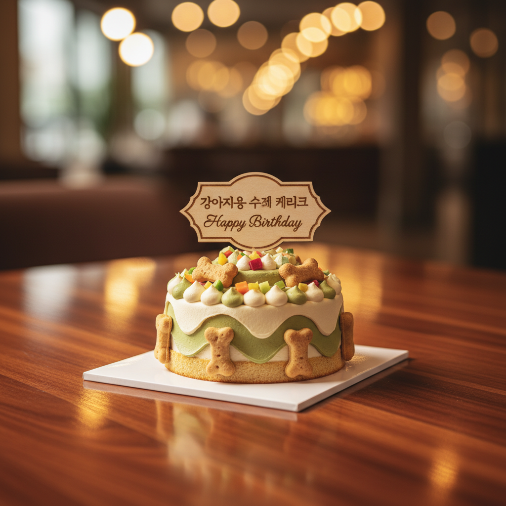 강아지용 수제 케이크와 'Happy Birthday' 문구가 적힌 장식판이 놓여 있는 세련된 원목 테이블의 클로즈업 샷. 보케 효과가 적용된 따뜻한 실내 배경.