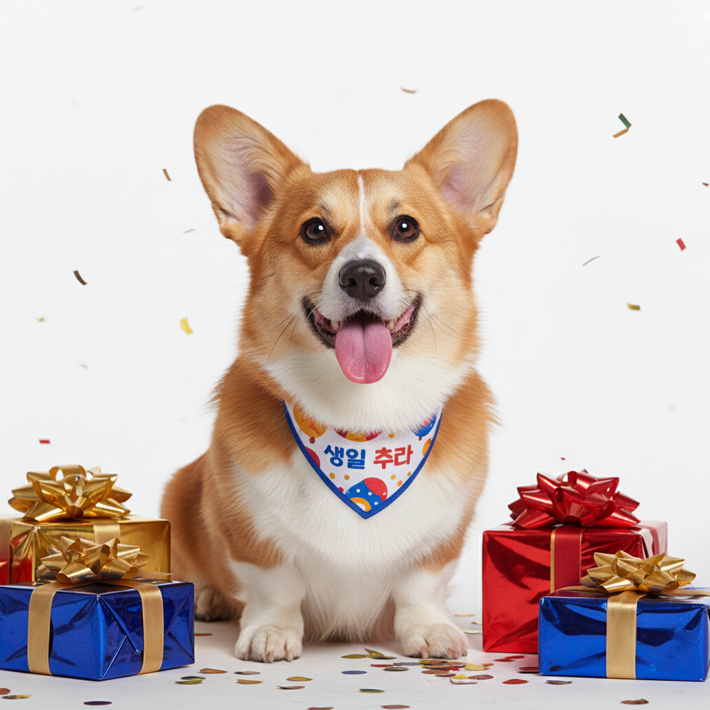 생일 축하 반다나를 목에 두르고 선물 상자 옆에서 혓바닥을 내밀며 활짝 웃고 있는 웰시코기의 화사하고 생동감 넘치는 사진.