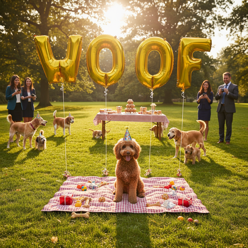 햇살 가득한 마당에서 열린 강아지 생일 파티 풍경. 'WOOF' 알파벳 풍선과 소풍 담요 위에 앉아 있는 푸들을 담은 광각 사진.