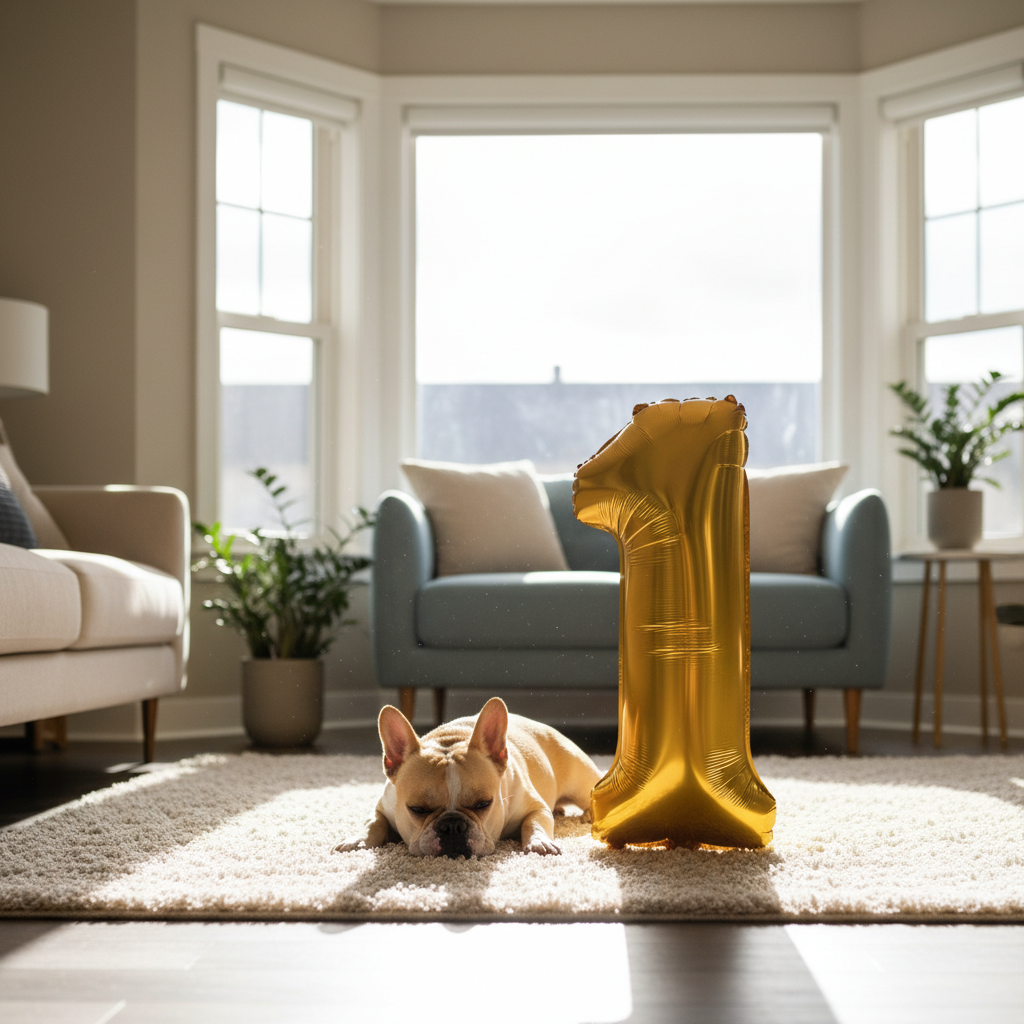 거실 창가 햇살 아래에서 숫자 '1' 모양의 금색 풍선 옆에 평온하게 누워 있는 프렌치 불독의 감성적이고 미니멀한 라이프스타일 사진.