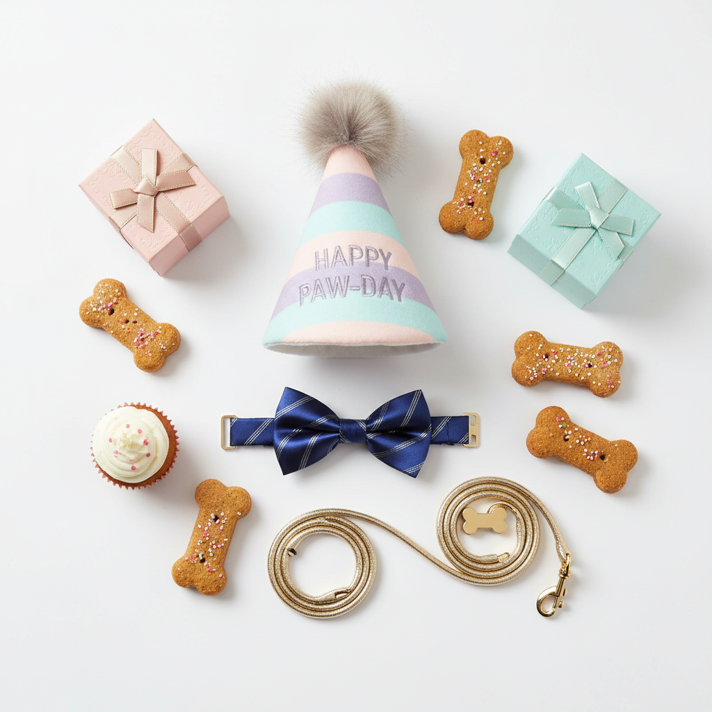 생일 고깔모자, 세련된 리본 타이, 수제 뼈다귀 간식 등 강아지 생일 소품들을 정갈하게 배치한 깔끔한 화이트 배경의 플랫레이 이미지.